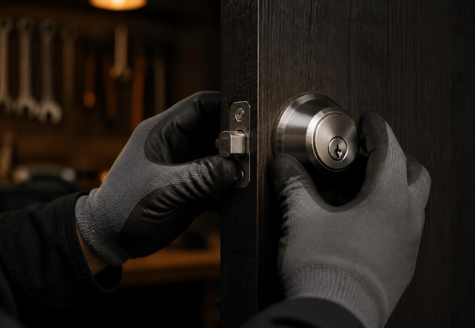 Locksmith fitting a stainless steel deadbolt into a timber entry door